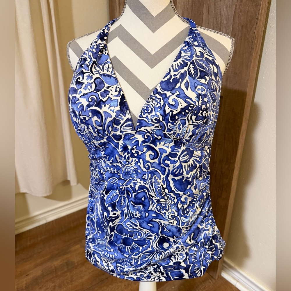 Lauren Ralph Lauren Size 14 Blue White Floral Halter Tankini Top Ruched swimsuit